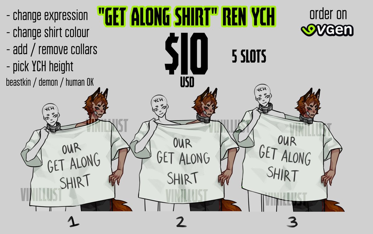 🦊YKMET REN YCH🦊

i had a silly idea..i am offering this "get along shirt" ren YCH for $10 on #vgen.
any character is OK. you can choose from 3 bases for height, as well as some customisation options.

5 SLOTS, thank you!

⬇️link below⬇️
#ykmet #renhana #btd #boyfriendtodeath