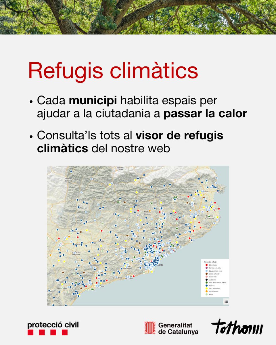 🌳 Un refugi climàtic és un espai públic on els ciutadans i les ciutadanes poden refugiar-se en situacions meteorològiques extremes, com per exemple durant les onades de calor 🥵

Consulta'ls tots al nostre visor:
🔍 gen.cat/3zWCM8u