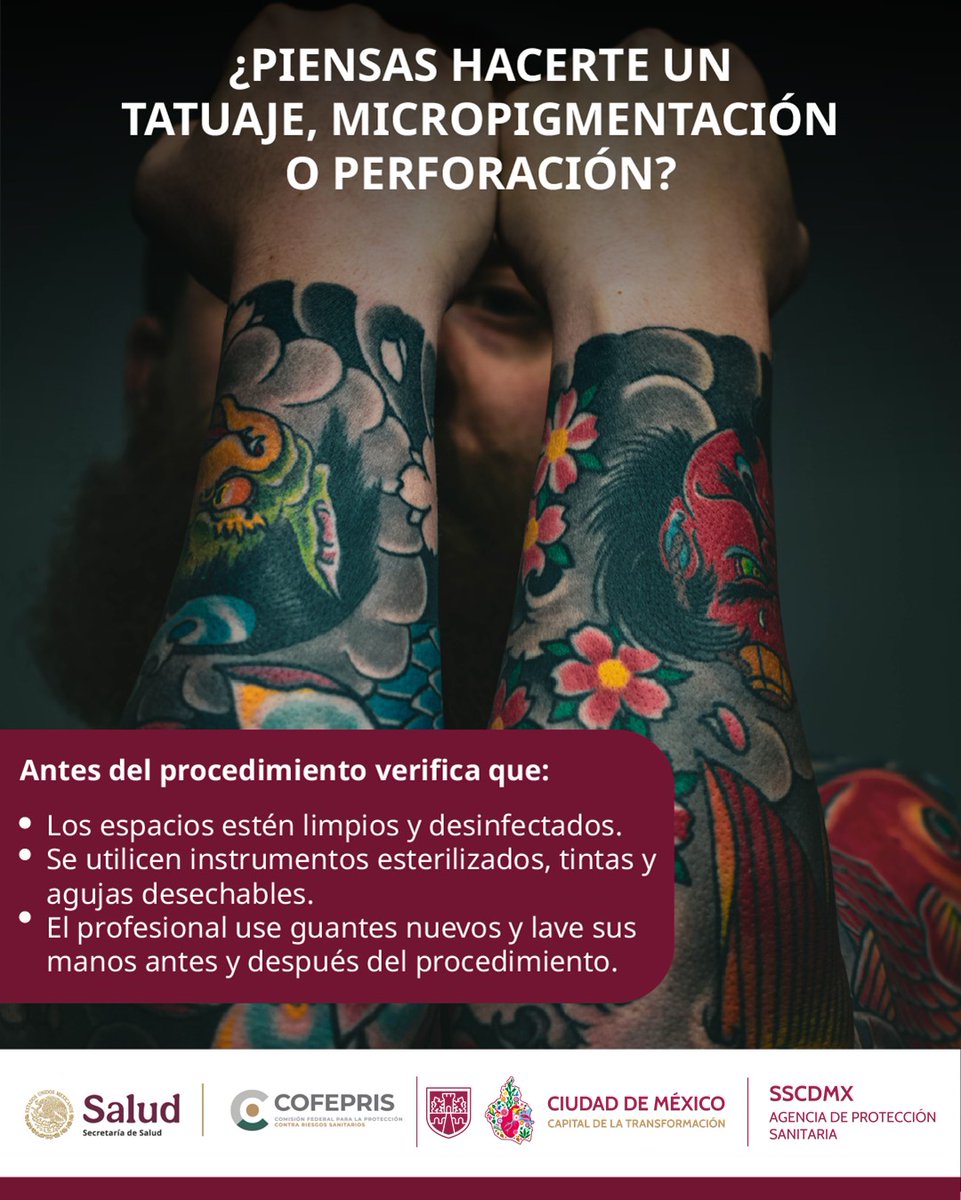 #Tatuajes y #bioseguridad van de la mano.🧬

Para realizar un tatuaje seguro, es obligatorio mantener medidas sanitarias como el uso de guantes y materiales desechables.🧤
También recuerda usar la bitácora de #COFEPRIS.

Cuida a tus clientes.👇
#tatuajesConCalidad
