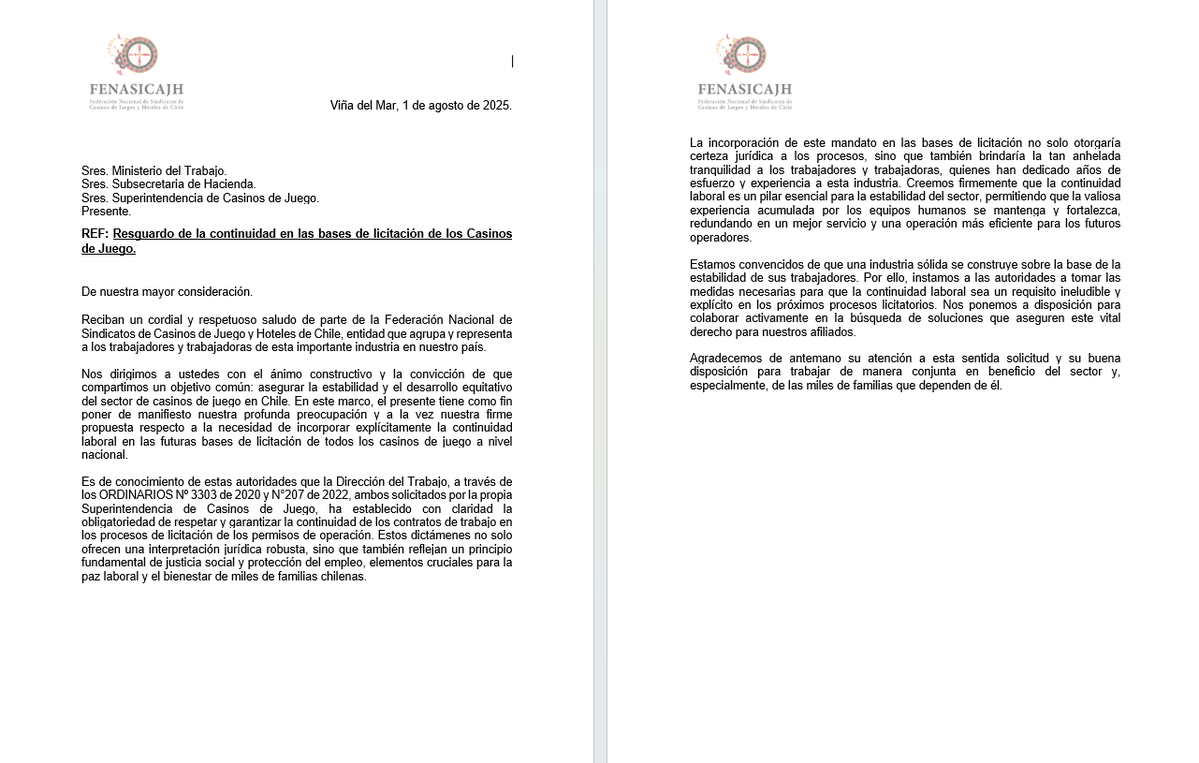 UNI Américas (@uniamericas) on Twitter photo 🇨🇱Ante los procesos de licitación de Casinos de Chile, <a href="/fenasicajh/">FENASICAJH</a> demanda el respeto a los contratos laborales.
Hacemos un llamado a la Superintendencia de Casinos
<a href="/SubseHacienda/">Subsecretaría de Hacienda</a> <a href="/MintrabChile/">Trabajo y Previsión Social</a> a garantizar la continuidad laboral de lxs trabajadorxs en próximas licitaciones. 🇨🇱Ante los procesos de licitación de Casinos de Chile, <a href="/fenasicajh/">FENASICAJH</a> demanda el respeto a los contratos laborales.
Hacemos un llamado a la Superintendencia de Casinos
<a href="/SubseHacienda/">Subsecretaría de Hacienda</a> <a href="/MintrabChile/">Trabajo y Previsión Social</a> a garantizar la continuidad laboral de lxs trabajadorxs en próximas licitaciones.