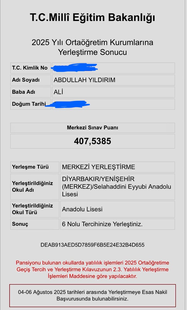 Öğrencimiz Abdullah YILDIRIM, 2025 LGS yerleştirme sonuçlarına göre Selahaddini Eyyubi Anadolu Lisesine yerleşerek bizleri gururlandırdı.
Başarısı için kendisini ve emeği geçen öğretmenlerimizi tebrik ediyor, yeni eğitim yolculuğunda başarılarının devamını diliyoruz. 🌟