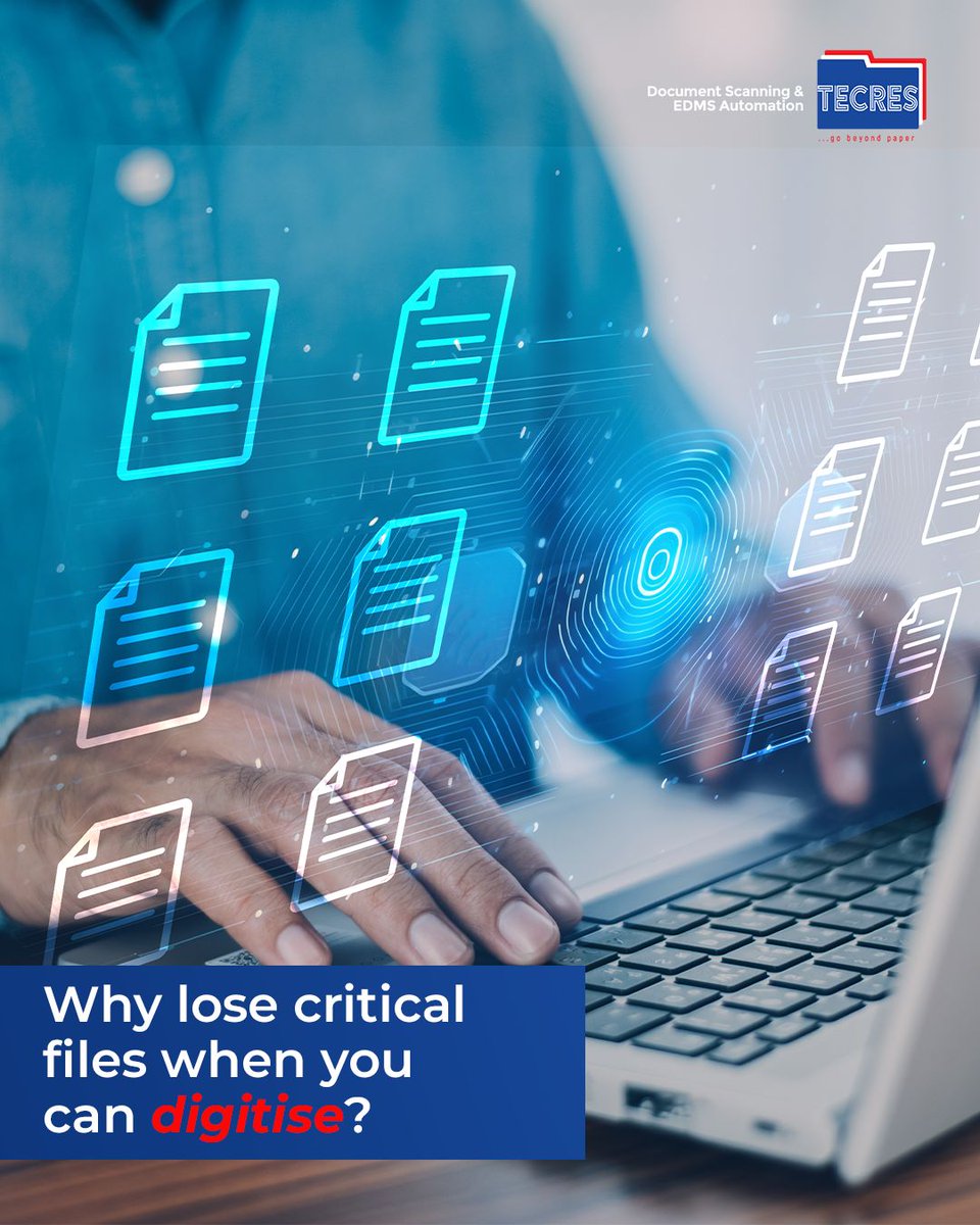 TecresTNL's tweet photo. Why lose critical files when you can digitise them?
From compliance to convenience, digitisation is your gateway to safer, smarter business.
Let Tecres help you go beyond paper.
#TecresTechnologies #DocumentScanning #EDMSAutomation #GoBeyondPaper https://t.co/2QAkpn2D2G