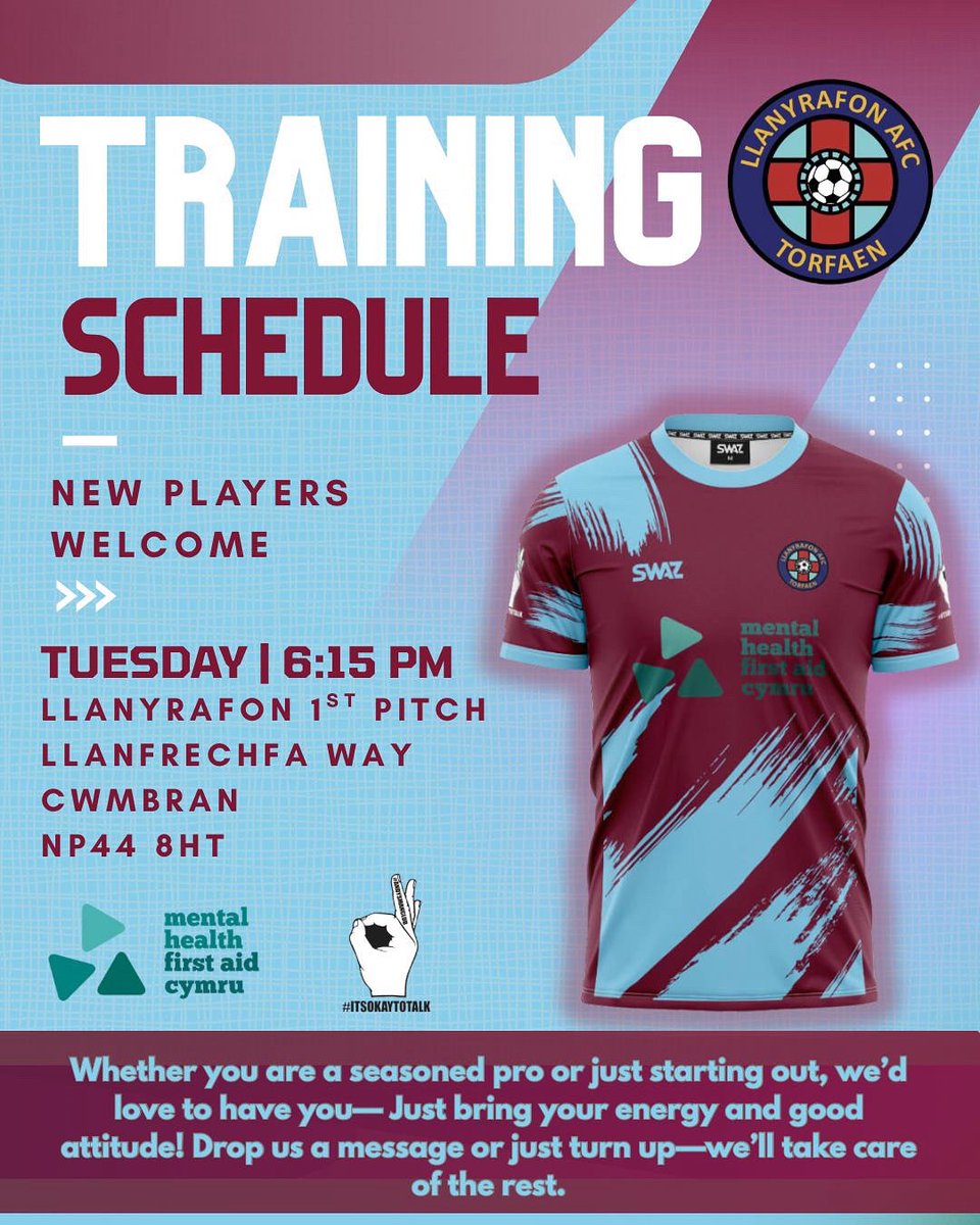 Training tomorrow, new &amp; old players more than welcome❤️💙

#llanyarmy #upthellany #llanyafc