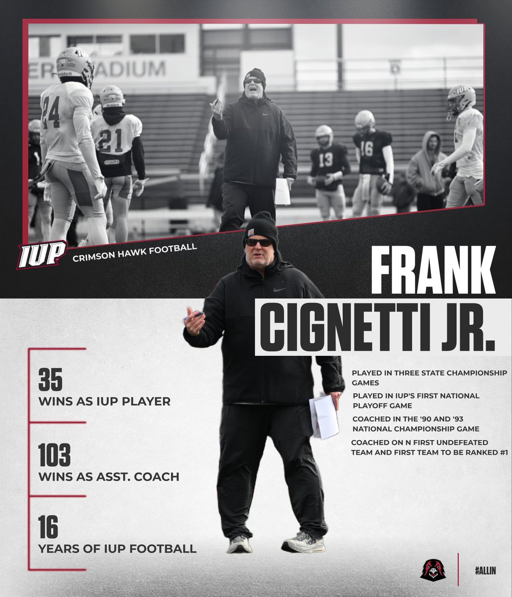 IUP Football runs in our next coach's blood.

From player to student assistant to assistant coach, Frank Cignetti Jr. has done it all.

2025 will be the return to the Crimson &amp; Gray for Junior.

#TalonsUp #ALLIN