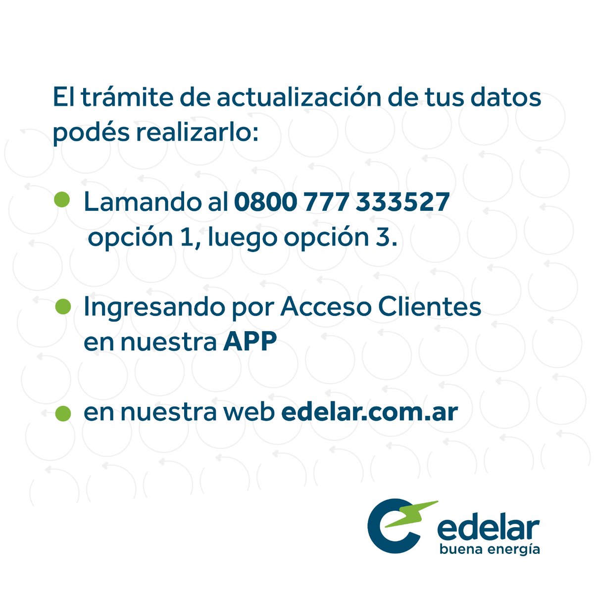 infomuro_ok's tweet image. ¡Hola a todos! 🤓💡 ¿Sabías que mantener tus datos actualizados con EDELAR SAU es super importante? Evita sorpresas y asegúrate de que toda la info te llegue a tiempo. 💻✨ ¡Solo te toma unos minutos! #EDELAR #Electricidad #DatosActualizados