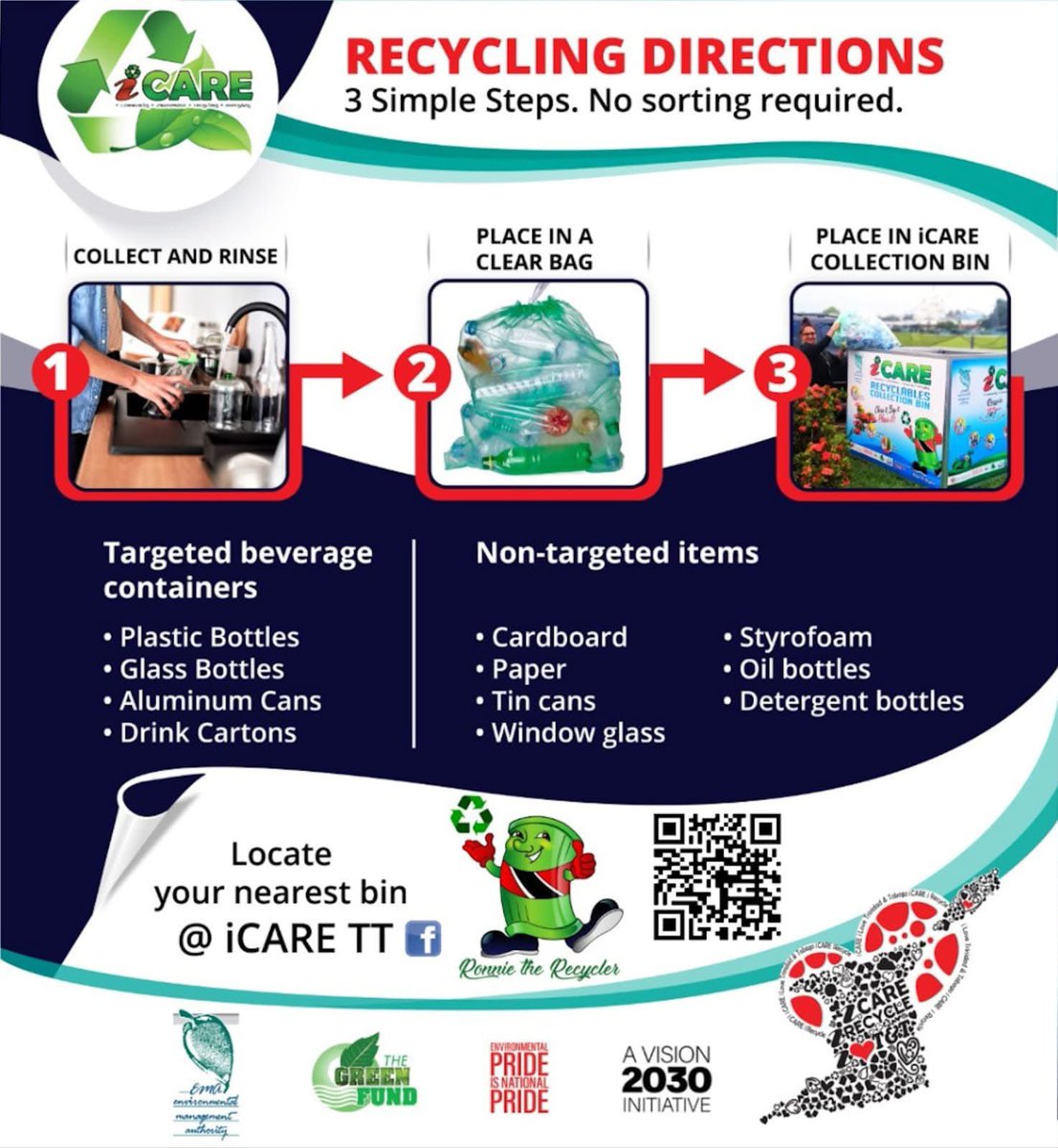 emauthority's tweet image. Recycle your beverage containers with these three easy steps! 
1) Collect and Rinse recyclables ♻️
2) Place recyclables in a clear plastic bag♻️
3) Place bag in your nearest iCARE Collection bin ♻️
ICare TT  encourages you to recycle the right way!♻️🇹🇹
#iCARE 
#reducereuserecycle…