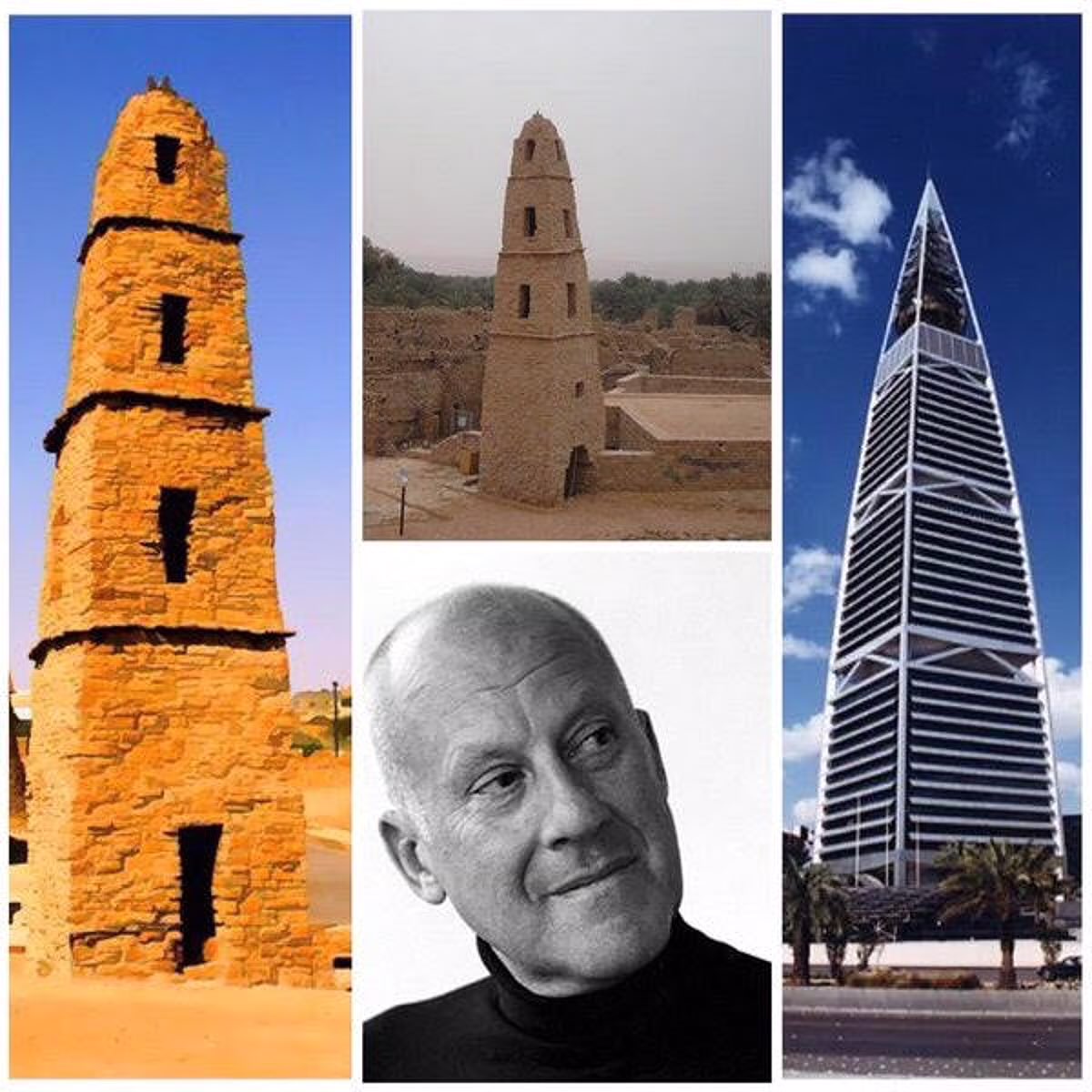 يتداول الكثيرون اسم المعماري العالمي نورمان فوستر، الذي نال إشادة سمو #ولي_العهد حفظه الله لتصميمه #مطار_أبها.
وما قد يخفى على البعض أن فوستر هو من استلهم تصميم برج الفيصلية من مئذنة مسجد الخليفة عمر بن الخطاب في #دومة_الجندل في #الجوف ، أول مئذنة في الإسلام وأطول مباني عصرها.