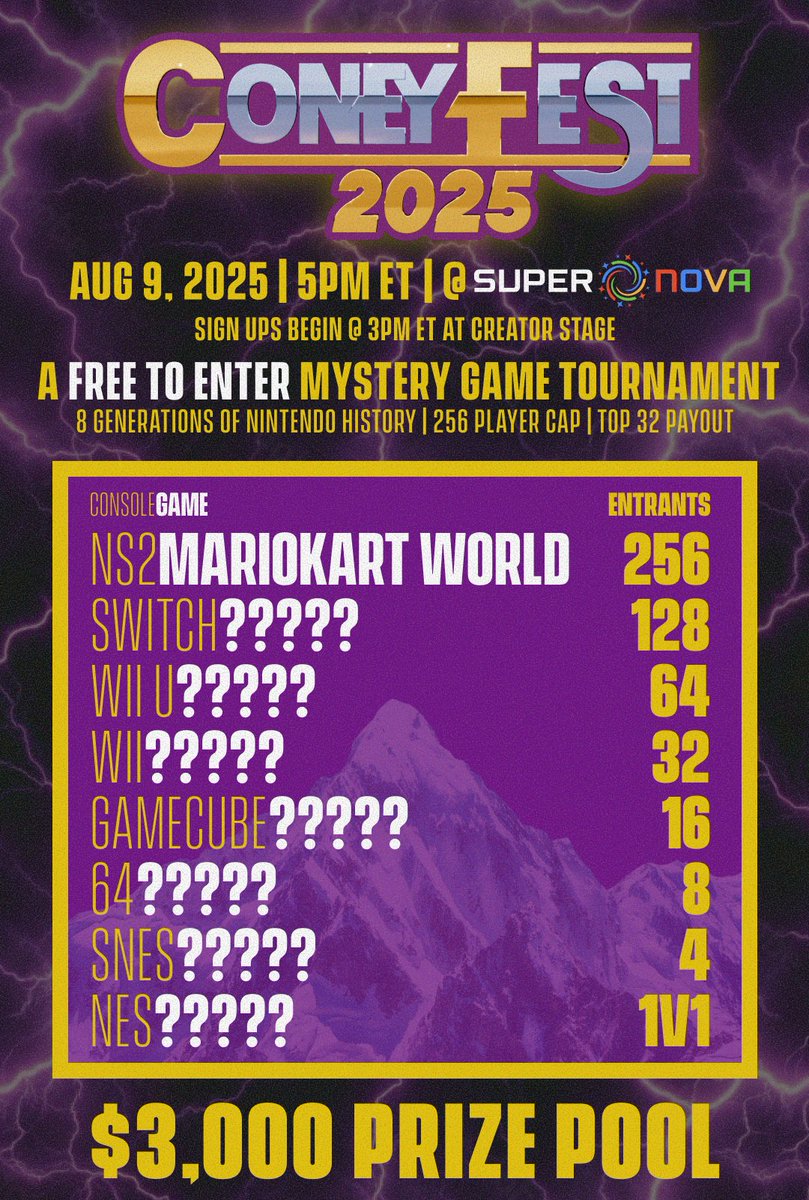 CONEYFEST 2025
RUNS WILD ON 8/9/2025
STARTS 5PM @ CREATOR STAGE
SIGNUPS 3PM
256 PLAYERS MAX
FIRST COME FIRST SERVED

FREE TO ENTER
$3000 PRIZE POOL

EACH ROUND A NEW NINTENDO SYSTEM
WITH A MYSTERY GAME
UNTIL THE EPIC 1V1 FINAL ON THE NES

GOOD LUCK CONEYMANIACS 💪