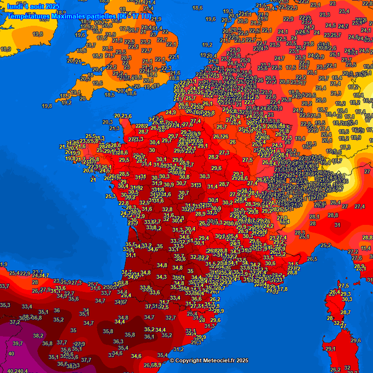 🍃Alors la tempête #Floris frappe l'Écosse, la chaleur s'est intensifiée ce 4 août sur la 🇫🇷, advectée par la dépression évoluant actuellement dans la Mer du Nord. Des températures atteignant fréquemment 35°C relevées dans le <a href="/sudouest/">Sud Ouest</a> tandis que le nord a observé 25 à 30°C.