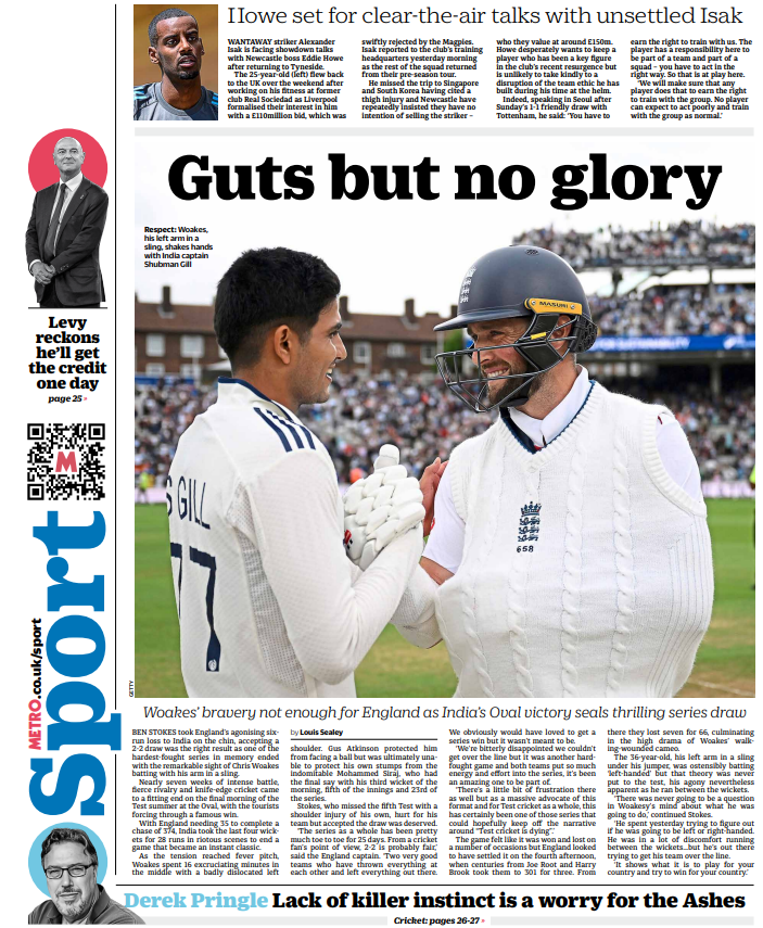 Woakes' bravery in vain as India down England in Oval thriller. It's Tuesday's back page.