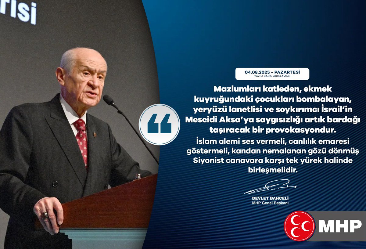 Mazlumları katleden, ekmek kuyruğundaki çocukları bombalayan, yeryüzü lanetlisi ve soykırımcı İsrail’in Mescidi Aksa’ya saygısızlığı artık bardağı taşıracak bir provokasyondur.
İslam alemi ses vermeli, canlılık emaresi göstermeli, kandan nemalanan gözü dönmüş Siyonist canavara