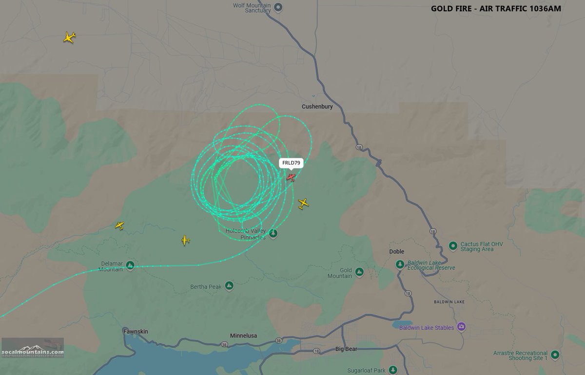 The #GoldFire burning north of Holcomb Valley is now at 30 acres. Southwest winds are pushing the fire in an east-northeasterly direction and generally away from Big Bear, towards the high desert. There is no immediate threat to the Big Bear Valley. Real-time updates will be on