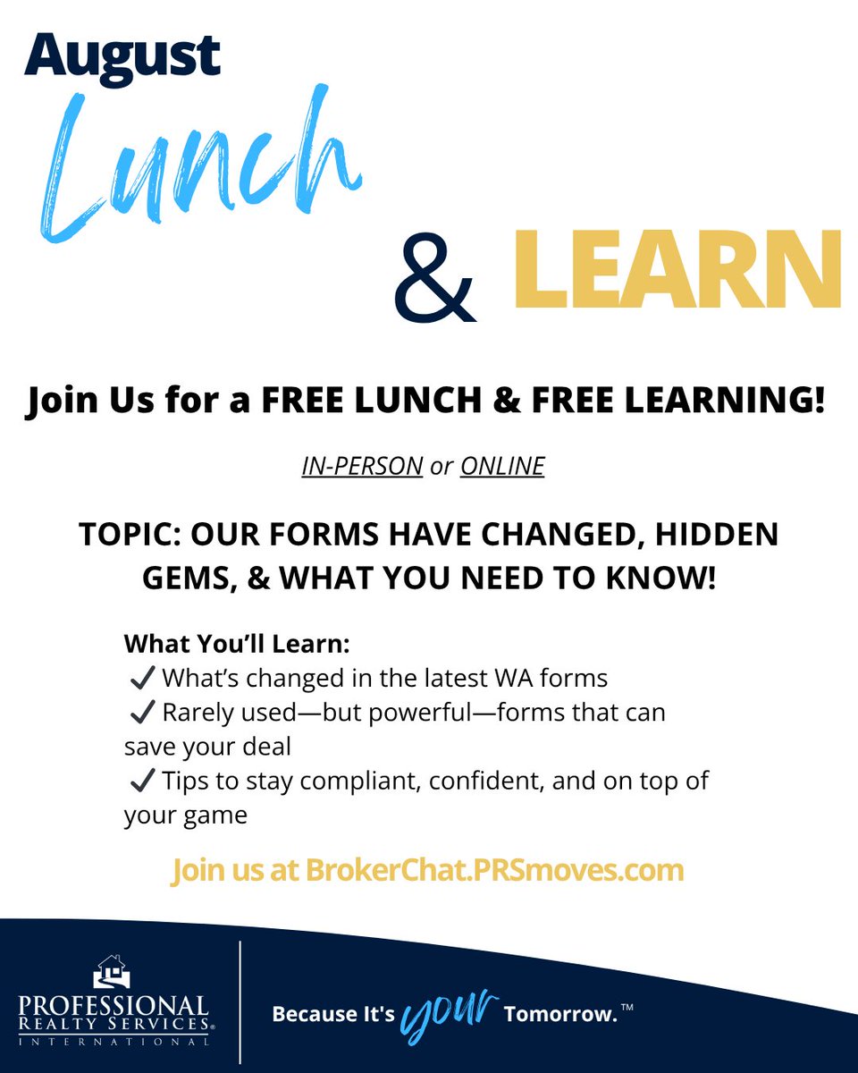 PRSrealty's tweet photo. 💻 Lunch &amp; Learn goes live at 12:30 PM this Thursday!
Topic: Our WA Forms Have Changed + Hidden Gems You Need to Know
Join us on Zoom 👉 https://t.co/0FOC6SJlVA
Hope to see you then! 🙂 

#LunchAndLearn #RealEstateTraining #PRSRealty #WARealtors #BrokerSupport https://t.co/A2JWkHZ2iU