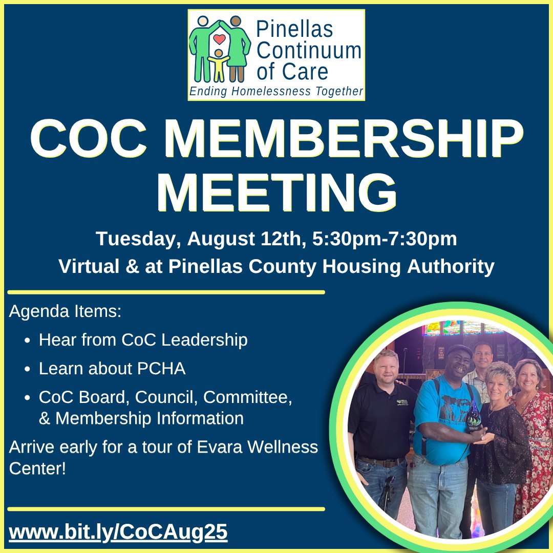 📣Join us for the #PinellasCoC August Membership Meeting! 📅Tues, 8/12, 5:30–7:30pm ✨Arrive at 5pm for a tour

🔗RSVP:  bit.ly/CoCAug25

#EndingHomelessnessTogether