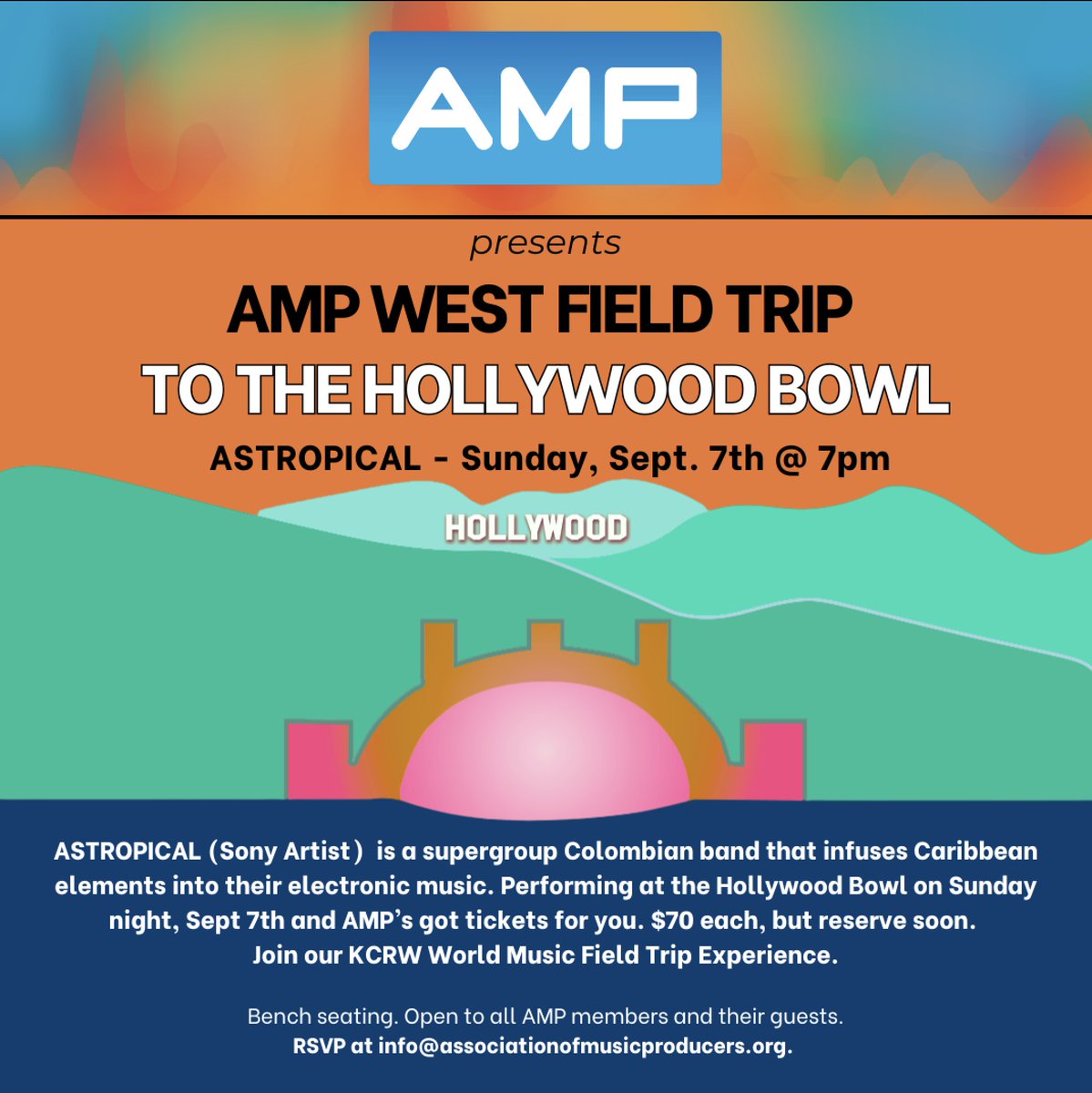 Join AMP members to enjoy a night under the stars at the KCRW World Music Festival featuring Sony Artist supergroup ASTROPICAL.

Bench seating is $70 and the show begins at 7 pm.  Contact us at info@associationofmusicproducers.org to reserve your tickets.