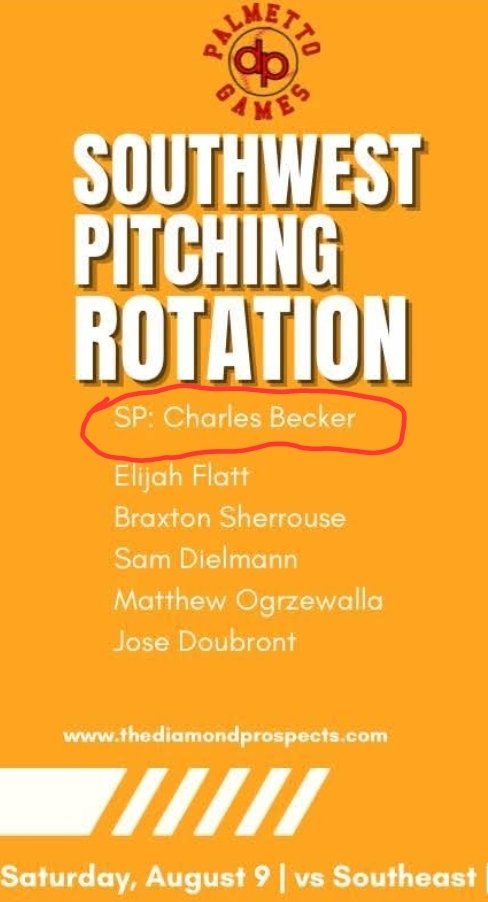 Becker2027's tweet image. Excited and grateful to be on the bump Saturday starting for @diamondprospect Palmetto Games. Looking forward to competing! @PanthersProgram @carolina_base @Trev0r8 @VHurley18 @JamesIslandBase @coachcorywelch @MabryBarry @scsmithwick @jgilreath9 @s_sharf @RPP_recruiting