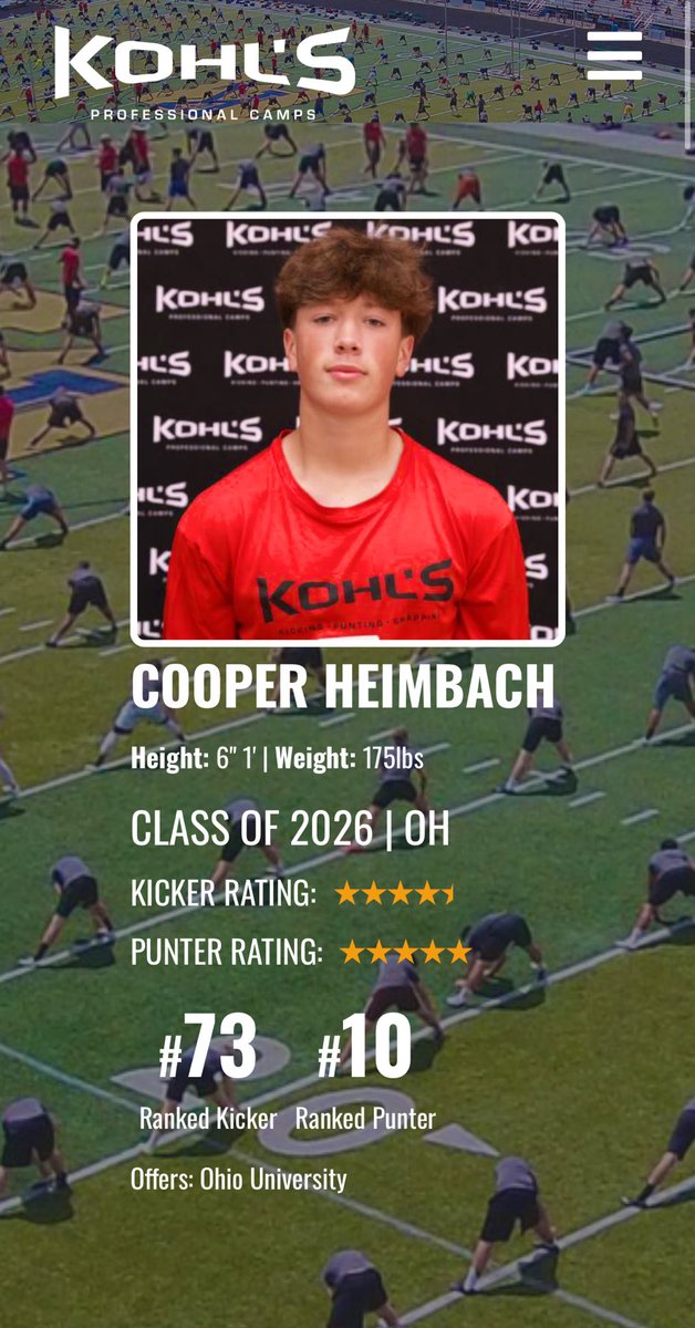 After a great Kohl’s National Scholarship camp I’m very blessed to be ranked the 10th punter in America‼️ 

<a href="/KohlsKicking/">Kohl's Kicking Camps</a> 
<a href="/KohlsHighlights/">Kicking, Punting, Long Snapping Highlights</a> 
<a href="/D_Madden_Punter/">Coach Dan Madden</a> 
<a href="/kt_recruiting/">Kicker Tracker Recruiting</a> 
<a href="/HKA_Tanalski/">Adam</a> 
<a href="/shanee_mc/">Shane McDonough</a>