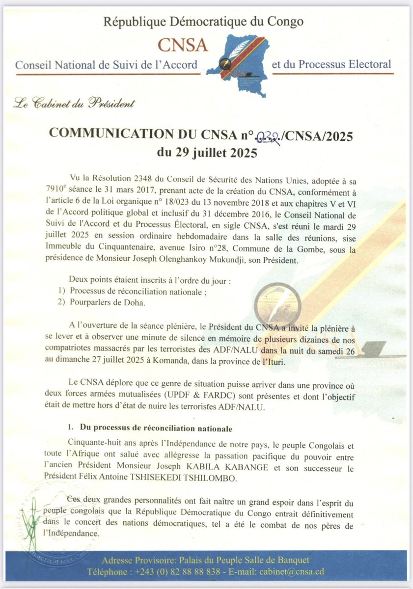 NkoyJoseph's tweet photo. #RDC En ce moment où les congolais ont les yeux tournés vers un dialogue inclusif,le #CNSA juge inopportun l'ouverture du procès devant la HCM de l'ancien Prdt Kabila,ce qui risque de fracturer la nat•,en nous divisant davantage,nous éloignant ainsi des objectifs dudit dialogue. https://t.co/XXdA4g2MTJ