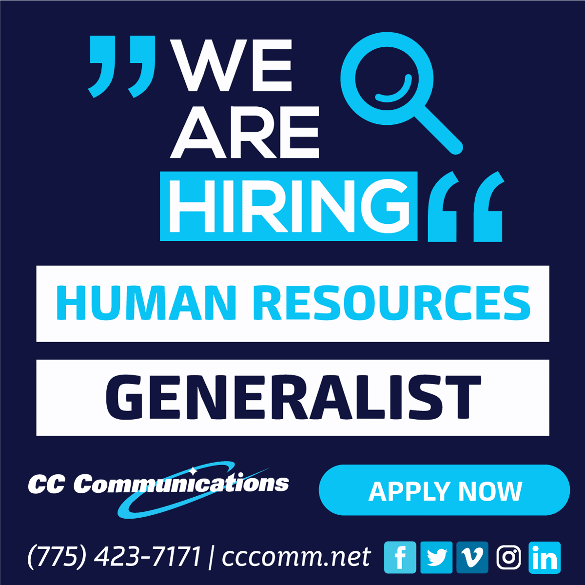 CCComm_Nevada's tweet image. ‼️Become part of our TEAM‼️ 
CC Communications is now accepting applications for the following position:
• Human Resources Generalist
Apply today!
#CCCommunications is an equal opportunity employer.