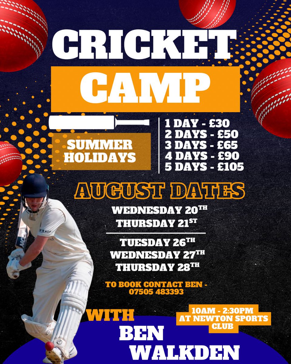 🏏 SUMMER HOLIDAY CRICKET CAMP 🧡💙
1XI Captain Ben Walkden is back with more dates than ever this August!

📅Throughout August | 🕙10am–2:30pm |📍At the Club

An unmissable opportunity for development and fun!

Details &amp; pricing in the post.Don’t miss out!

#NLWCC #CricketCamp