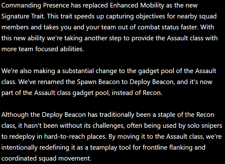 🚨 Spawn Beacon moved from RECON to ASSAULT 🚨 

What do you think of this change? It's definitely a major change from what I grew up with, but combined with "Commanding Presence" of the ASSAULT class it kinda makes more sense for team play (instead of a lone sniper somewhere) 🤔