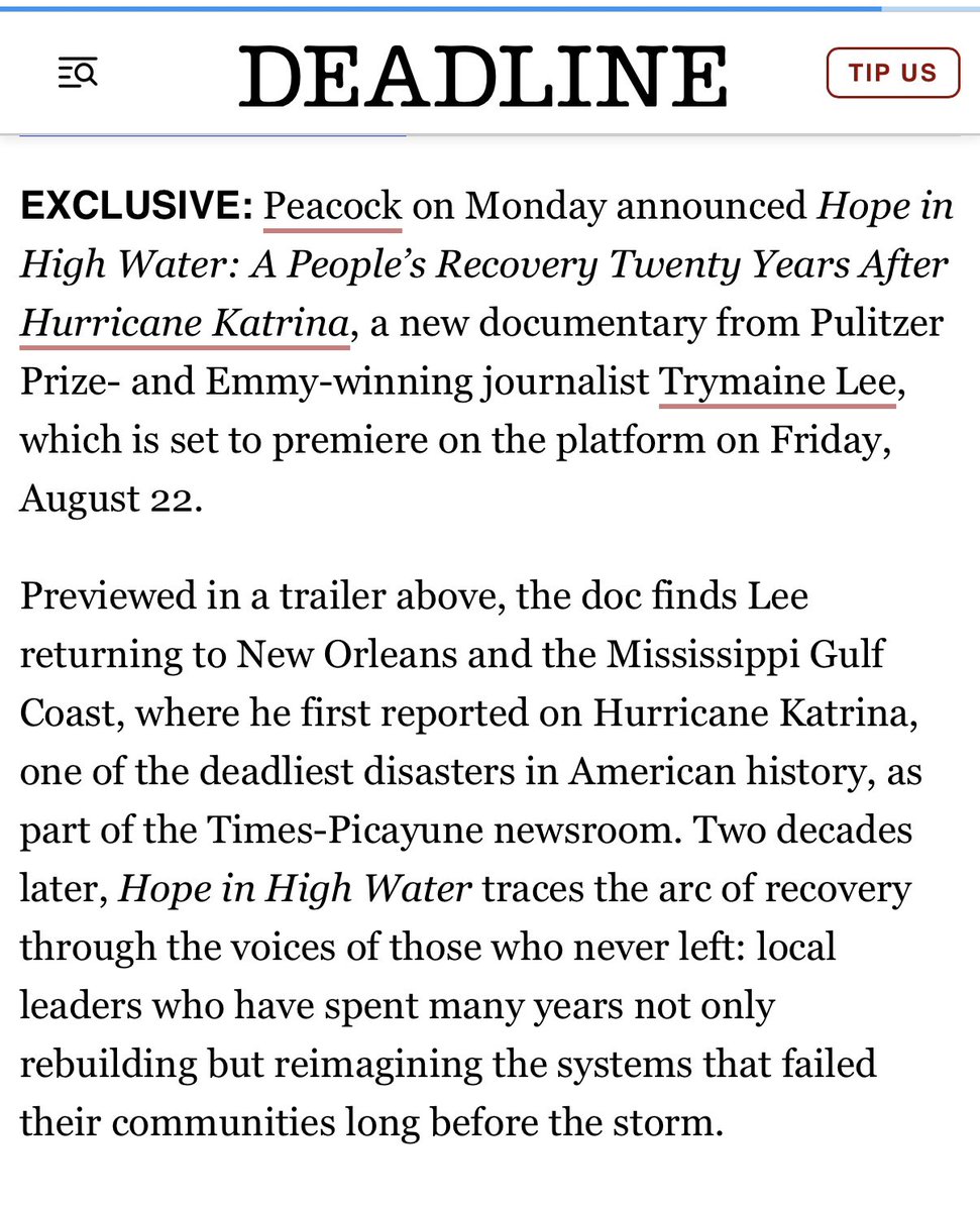 BREAKING!

My first independent documentary, Hope in High Water, premieres August 22 on Peacock.

20 years after Katrina, and since I was a local reporter there, I return to New Orleans to see how the people have led the recovery… through persistence, grief and love.