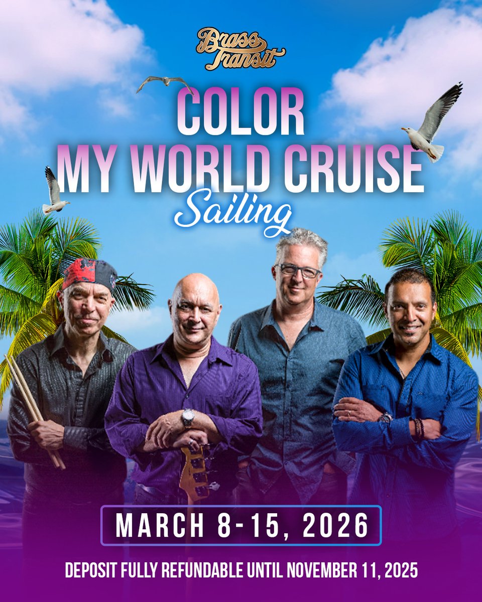 BrassTransit's tweet photo. YOUR 2026 VACATION JUST GOT LOUDER!
Come cruise with Brass Transit and experience 7 days of music, dancing, and island vibes.
📷 March 8–15, 2026
📷 Princess Cays, San Juan, Virgin Islands
📷 Meet &amp; Greet with the band

https://t.co/U7H9C2SWA1

#BrassTransit #LiveConcert https://t.co/0EX0qK7Vtx