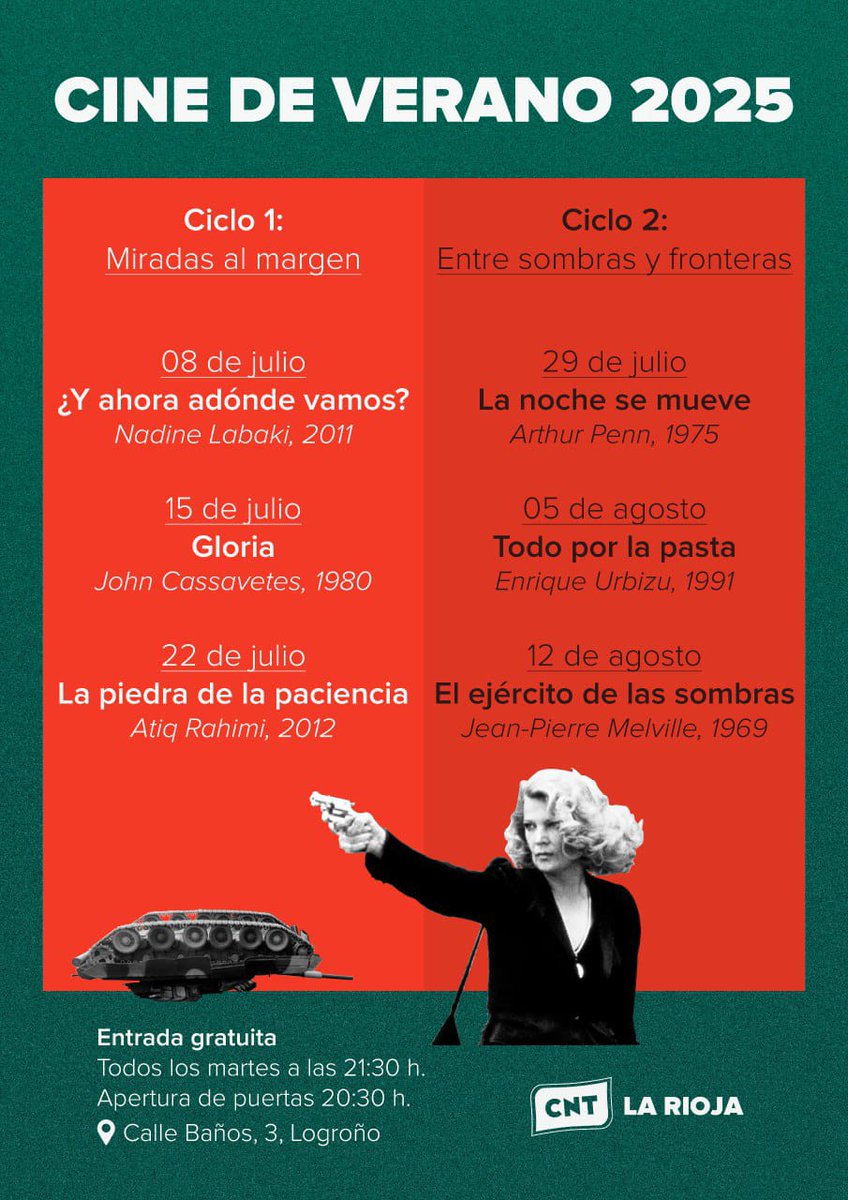 🎥 MAÑANA COMO CADA MARTES: Cine de Verano

🎞 05 de agosto:

• Todo por la pasta
Enrique Urbizu, 1991

🎟️ Entrada gratuita
🌙🍿 Proyección a las 21:30 h. 
Apertura de puertas 20:30 h.

📌 Calle Baños, 3, Logroño
CNT La Rioja