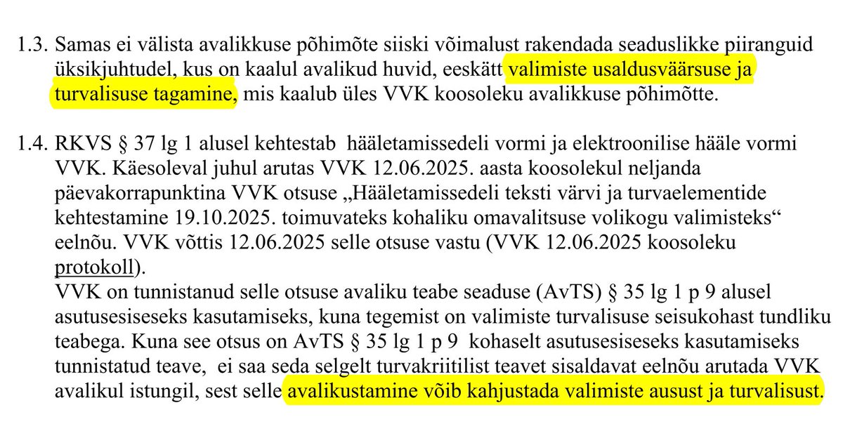 <a href="/ausadvalimised/">E-hääletus vaadeldavaks!</a> Põhiseaduskomisjoni seisukoht lähtub Nele Siitami ideest, et konstitutsioonilistele seadustele võib teha erandeid, kui kaalul on turvalisus -- see mõte on esiteks totalitaristlik, aga lisaks ka riigiõiguslikult kirjaoskamatu! riigikogu.ee/tegevus/dokume… #vaatlejad #põsk #riigikohus