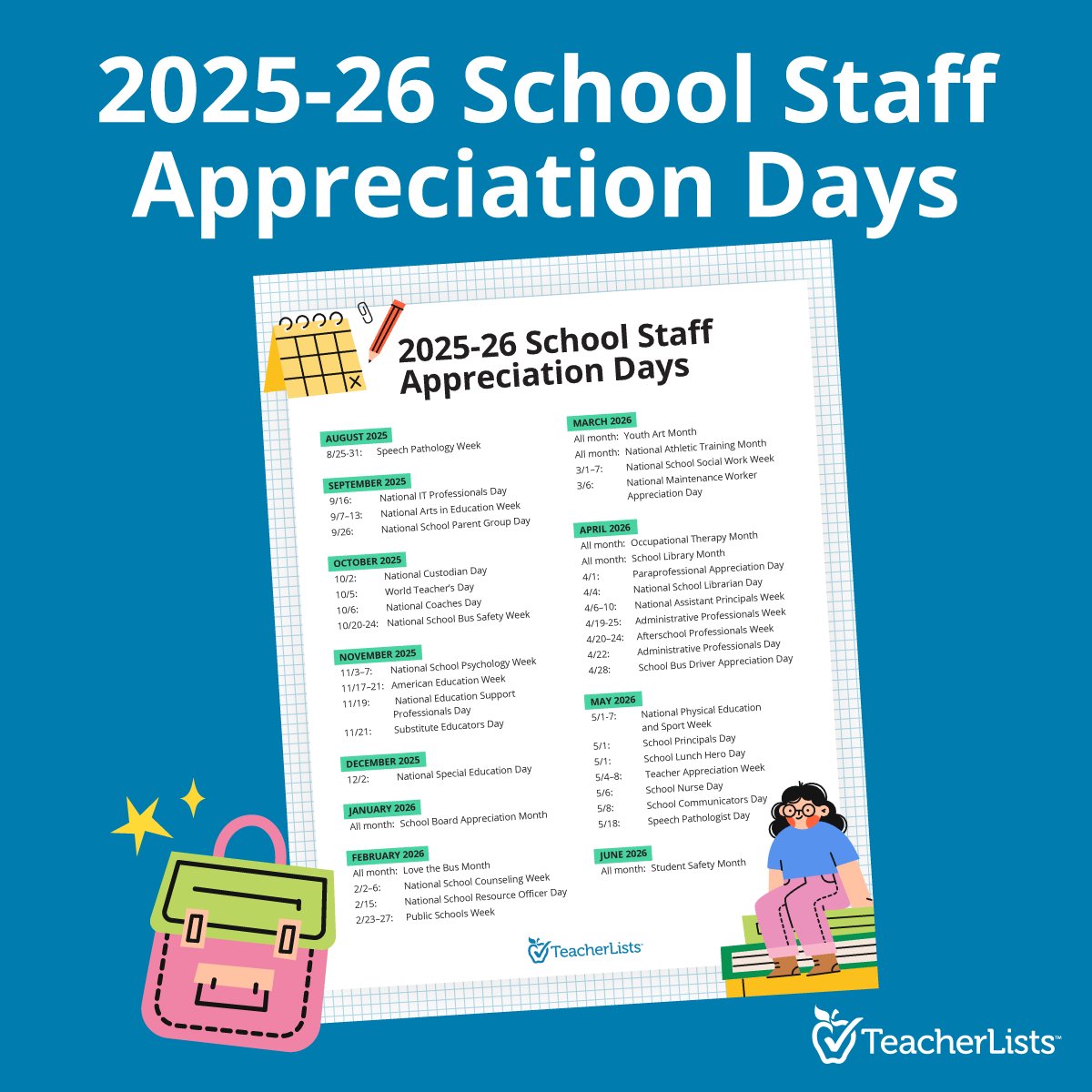 We’ve rounded up every school staff appreciation day—plus free, ready-to-use graphics to help you celebrate your amazing team all year long. 

📅 View the calendar + download now: ow.ly/uum550WaKJR
.
.
#schoolPR #K12comms #staffappreciation #K12PR #edleadership #edcomm