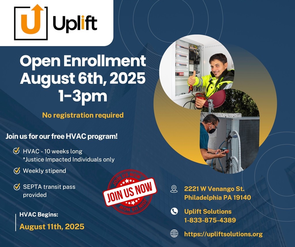 Uplift Solutions is offering a FREE 10-week HVAC program exclusively for justice-impacted individuals. Open enrollment is happening Tuesday, August 6th, from 1–3pm!

📍 2221 W Venango St, Philadelphia, PA
📅 Classes start August 11, 2025

#North10Phl #FreeCourse