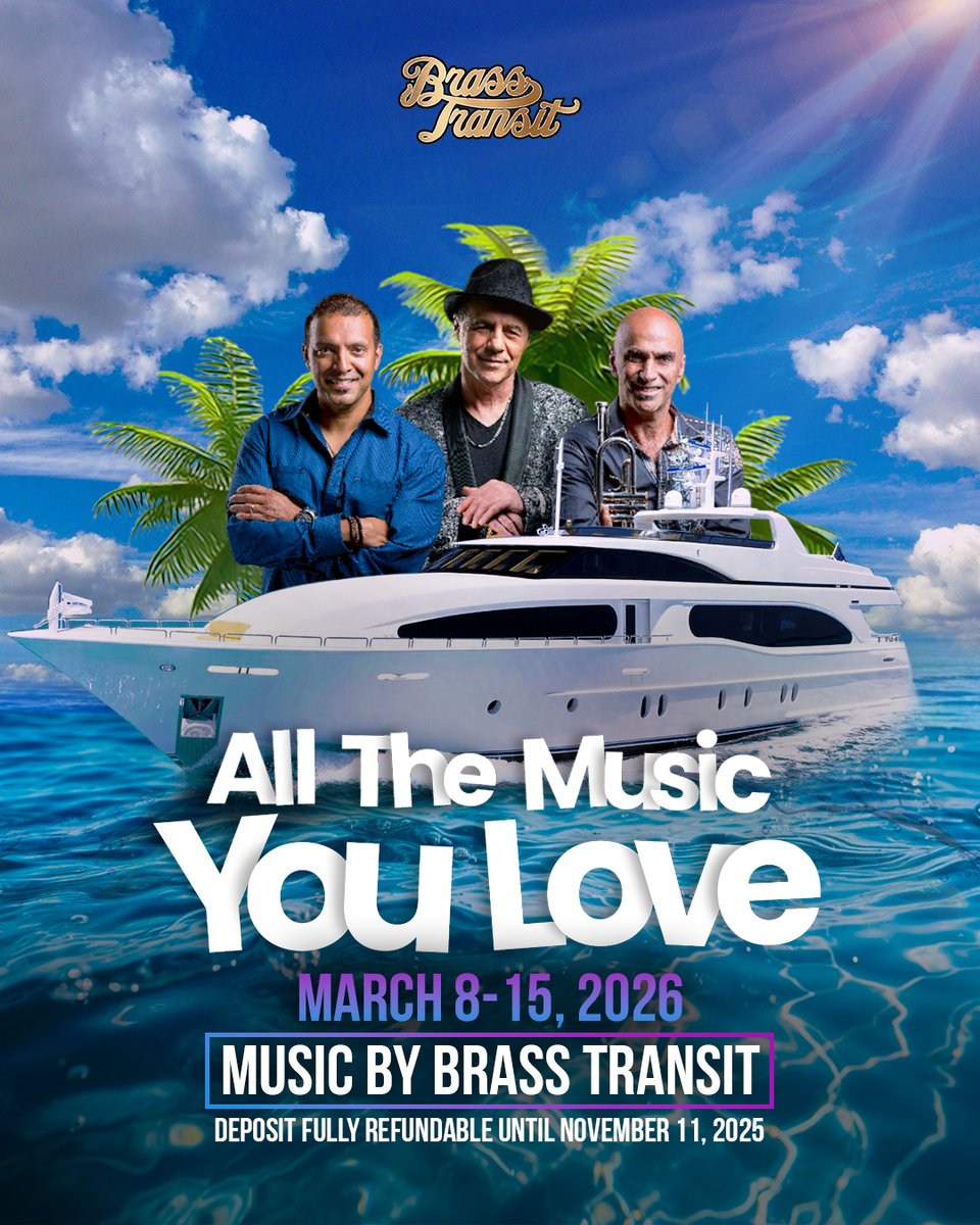 BrassTransit's tweet photo. SET SAIL WITH BRASS TRANSIT — MARCH 8–15, 2026!
Cruise the Caribbean with us aboard the Majestic Princess for a full week of shows
🔸 Great concerts &amp; dance parties
🔸 Princess Cays, San Juan, St. Thomas &amp; more
🔸 Meet &amp; Greet with the band
CALL NOW: 1-845-651-4441

#Brass https://t.co/I0oXubvyob
