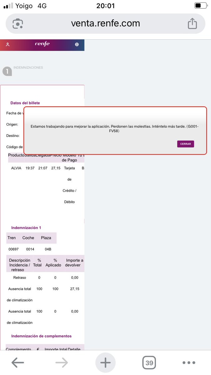 ¿Cómo cuanto tiempo vais a tardar <a href="/Renfe/">Renfe</a> en devolver la indemnización por un billete con derecho a 100% de devolución por retraso y ausencia de aire a 40? Llevo 3 semanas esperando y vuestra página sigue mostrando error, que reiteradas veces es una clara mala fe <a href="/consumidores/">OCU</a>