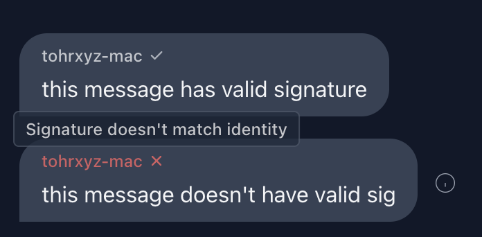 playing around with message auth in my hobby messenger app. slowly discovering what madlads at <a href="/signalapp/">Signal</a> did.

surprisingly web crypto api (crypto.subtle) is really straightforward to work with.