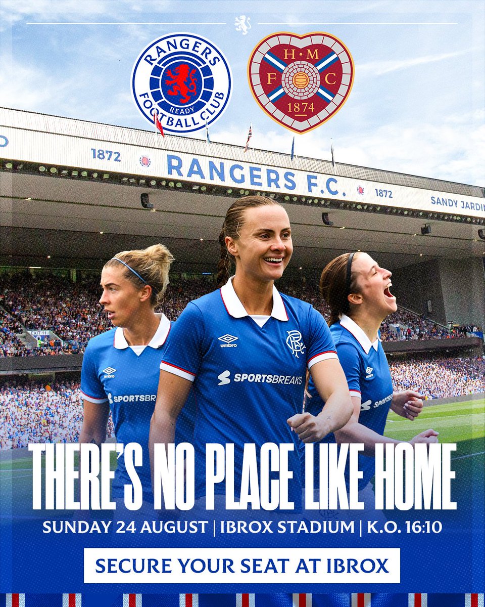 🏠 There’s No Place Like Home! 🏠

Leanne Crichton’s Gers side will be in league action against Hearts at Ibrox on August 24th and tickets are on sale now.

🎟️ Pick up your ticket here: rng.rs/4lSzNRG