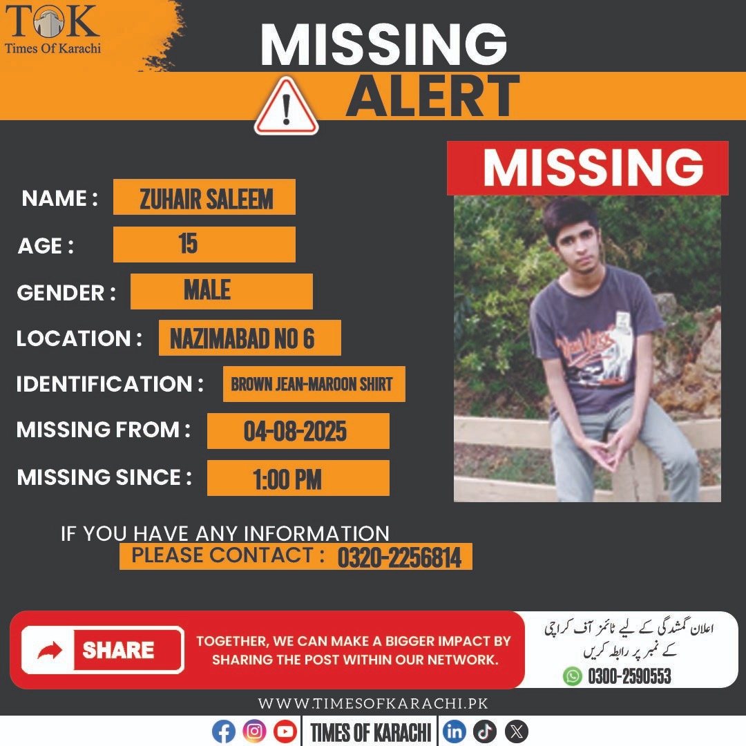 TOKCityOfLights's tweet image. MISSING ALERT | A 15 year old boy went missing from Nazimabad 05, on August 04. Incase of any information, kindly contact on given number;

Contact: 03202256814

#MissingAlert #Karachi #TOKAlert