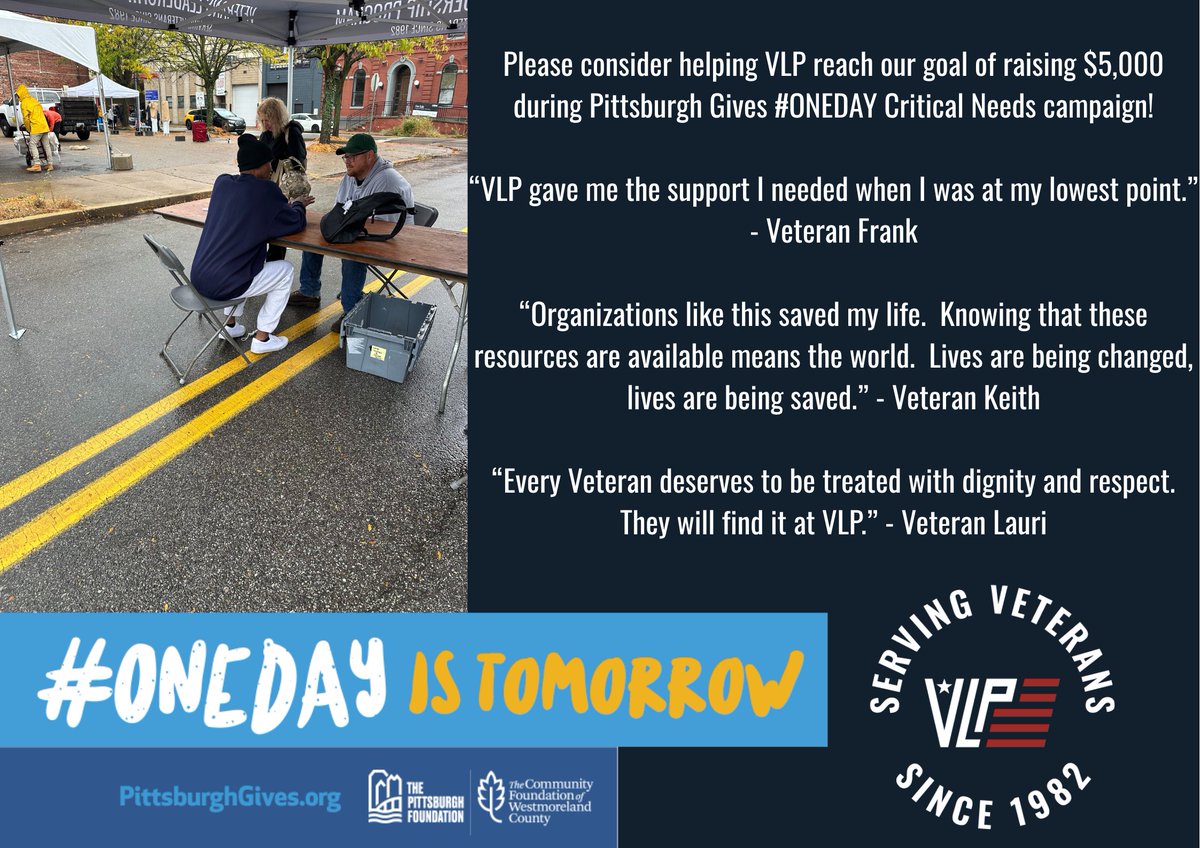 Tomorrow is the Pittsburgh Gives #ONEDAY campaign!  Please consider donating to VLP to help us reach our goal of raising $5,000 to continue our mission of empowering local Veterans!  

pittsburghgives.org/organization/v…

#WeAreVLP