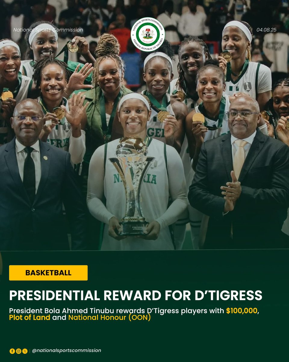 🗞️ 𝙊𝙁𝙁𝙄𝘾𝙄𝘼𝙇 𝙎𝙏𝘼𝙏𝙀𝙈𝙀𝙉𝙏

The National Sports Commission proudly confirms the announcement by His Excellency, President <a href="/officialABAT/">Bola Ahmed Tinubu</a> , GCFR, in honour of the historic achievements of Nigeria’s senior women’s basketball team, <a href="/DtigressNG/">DTigress</a> .

As a mark of appreciation