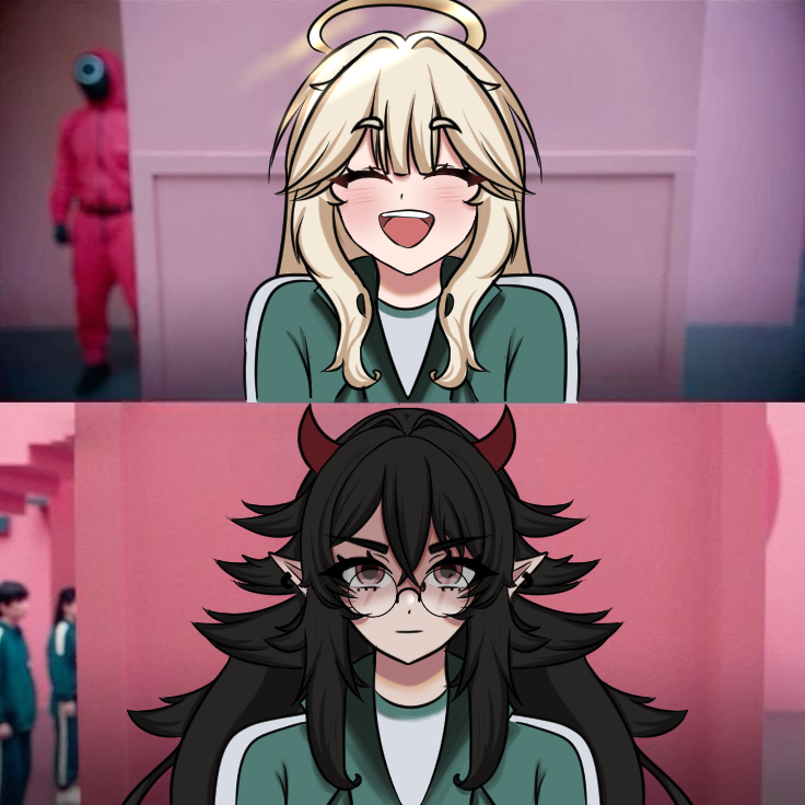 🖤❤️Je suis en retard sur la trend mais comme j'ai reveal mon avatar, j'avais dessiné la trend Squid Game avec mon ancien avatar et le nouveau ! :D