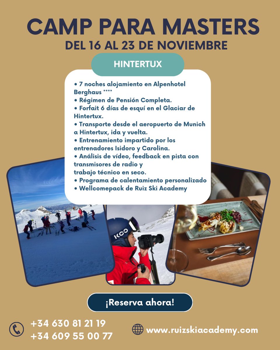 ¡Prepárate para una semana de esquí inigualable!🤩

⛷️ 6 días de esquí combinando calentamientos personalizados, técnica en esqui libre,
trazados de GS y SL, con palos cortos/largos, y feedback por radio.