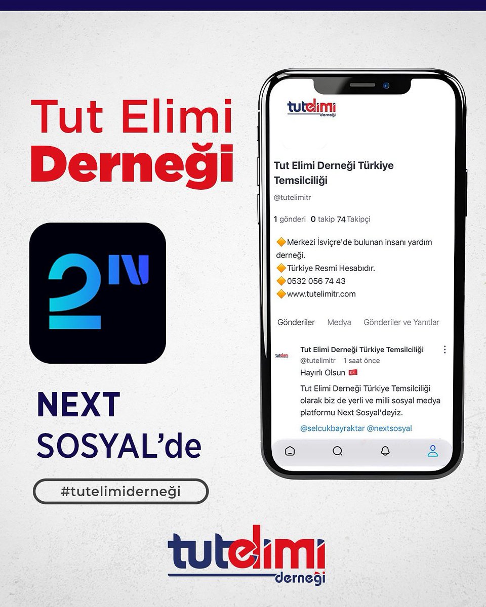 Tut Elimi Türkiye Temsilciliği (@tutelimitr) on Twitter photo 🇹🇷 Yerli ve milli sosyal medyamız NEXT’te biz de varız! 
Güncel duyuru ve faaliyetlerimiziden haberdar olmak için takipte kalın. 
🌐 sosyal.teknofest.app/@tutelimitr
🌐 tutelimitr.com
#next #nextdefarkvar #nextdehayatvar #nextsosyal #tutelimitr #tutelimiderneği 🇹🇷 Yerli ve milli sosyal medyamız NEXT’te biz de varız! 
Güncel duyuru ve faaliyetlerimiziden haberdar olmak için takipte kalın. 
🌐 sosyal.teknofest.app/@tutelimitr
🌐 tutelimitr.com
#next #nextdefarkvar #nextdehayatvar #nextsosyal #tutelimitr #tutelimiderneği