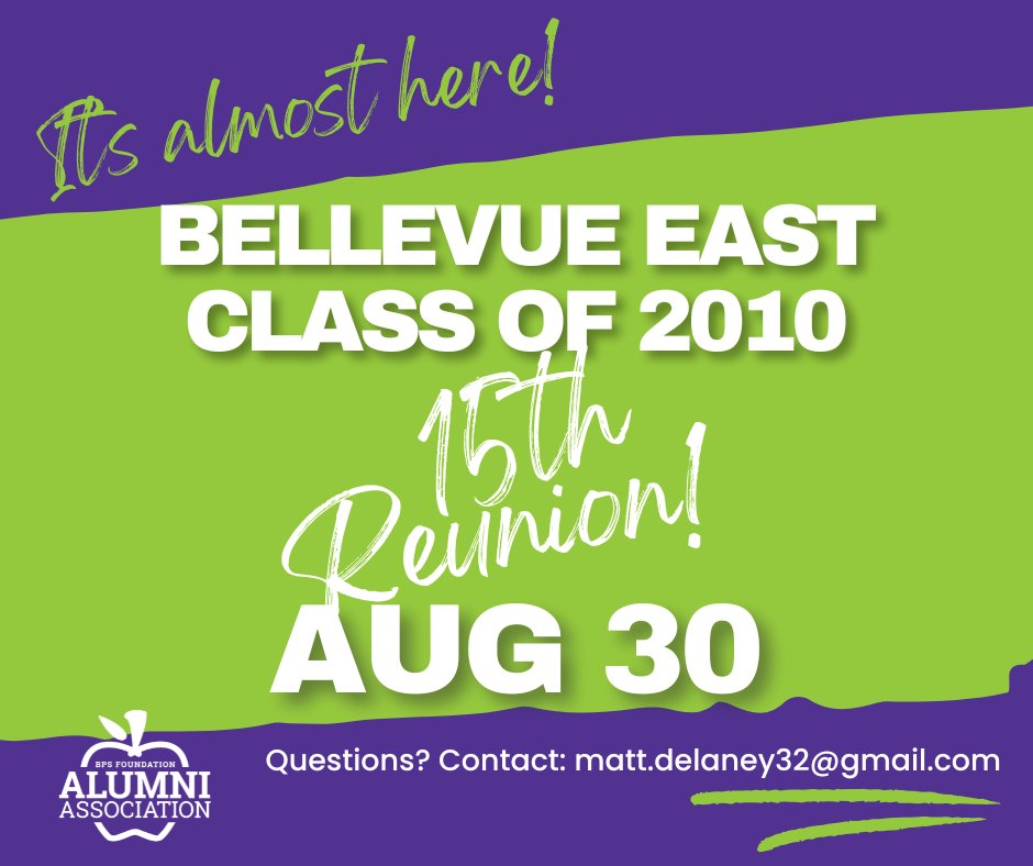Bellevue Alumni Association (@bpsalumni1) on Twitter photo 🎉 Attention Bellevue East, Class of 2010 Alumni! 🎉
Your 15th Reunion is almost here!
Saturday, August 30, 2025: 8 pm to Midnight at the Bellevue Knights Event Center.
Reunion Contact: Matt Delaney, matt.delaney32@gmail.com.
To register: tinyurl.com/4swdb8hd 🎉 Attention Bellevue East, Class of 2010 Alumni! 🎉
Your 15th Reunion is almost here!
Saturday, August 30, 2025: 8 pm to Midnight at the Bellevue Knights Event Center.
Reunion Contact: Matt Delaney, matt.delaney32@gmail.com.
To register: tinyurl.com/4swdb8hd
