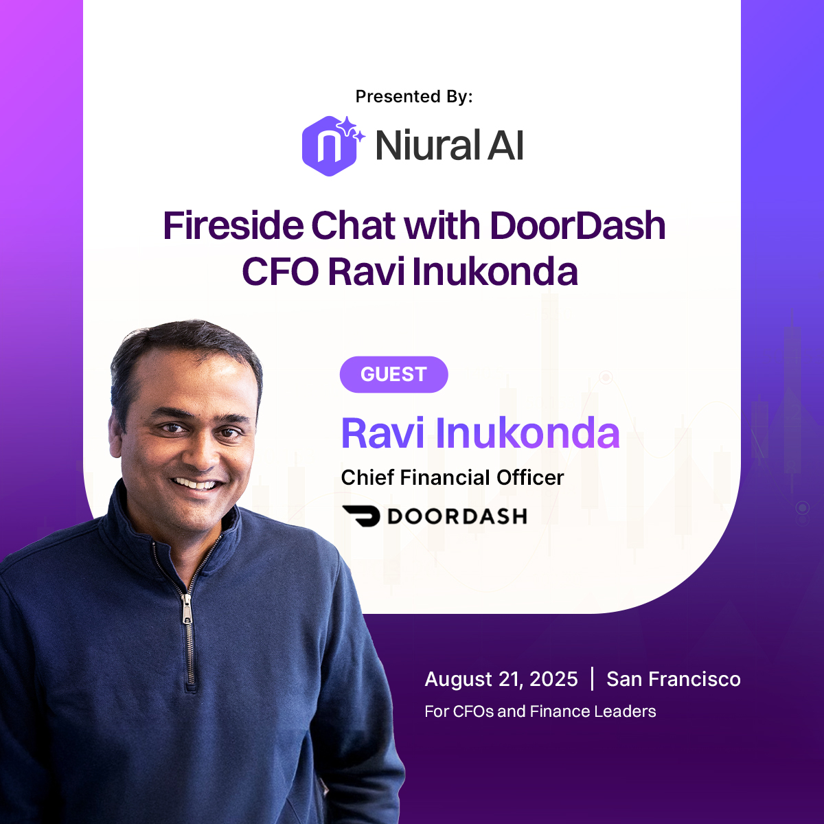 The CFO role is transforming – and <a href="/rinukonda/">Ravi Inukonda</a>, CFO of <a href="/DoorDash/">DoorDash</a>, is at the forefront of that evolution. Join us for an exclusive fireside chat as we explore how AI is reshaping finance leadership.

An engineer-turned-CFO, Ravi has scaled DoorDash through its IPO and global