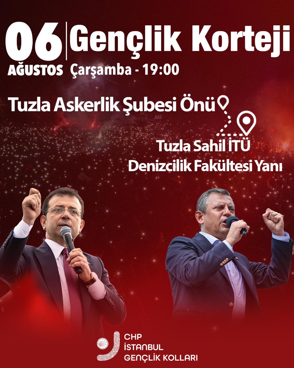 Milletin meydanında, adalet talebimizi haykırıyoruz!

Cumhurbaşkanı adayımız Ekrem İmamoğlu, tutuklu belediye başkanlarımız ve tüm yol arkadaşlarımız için yürüyoruz.

Tuzla Askerlik Şubesi önünde buluşarak, gençlik kortejimizle Tuzla Sahil (İTÜ Denizcilik Fakültesi Yanı) miting