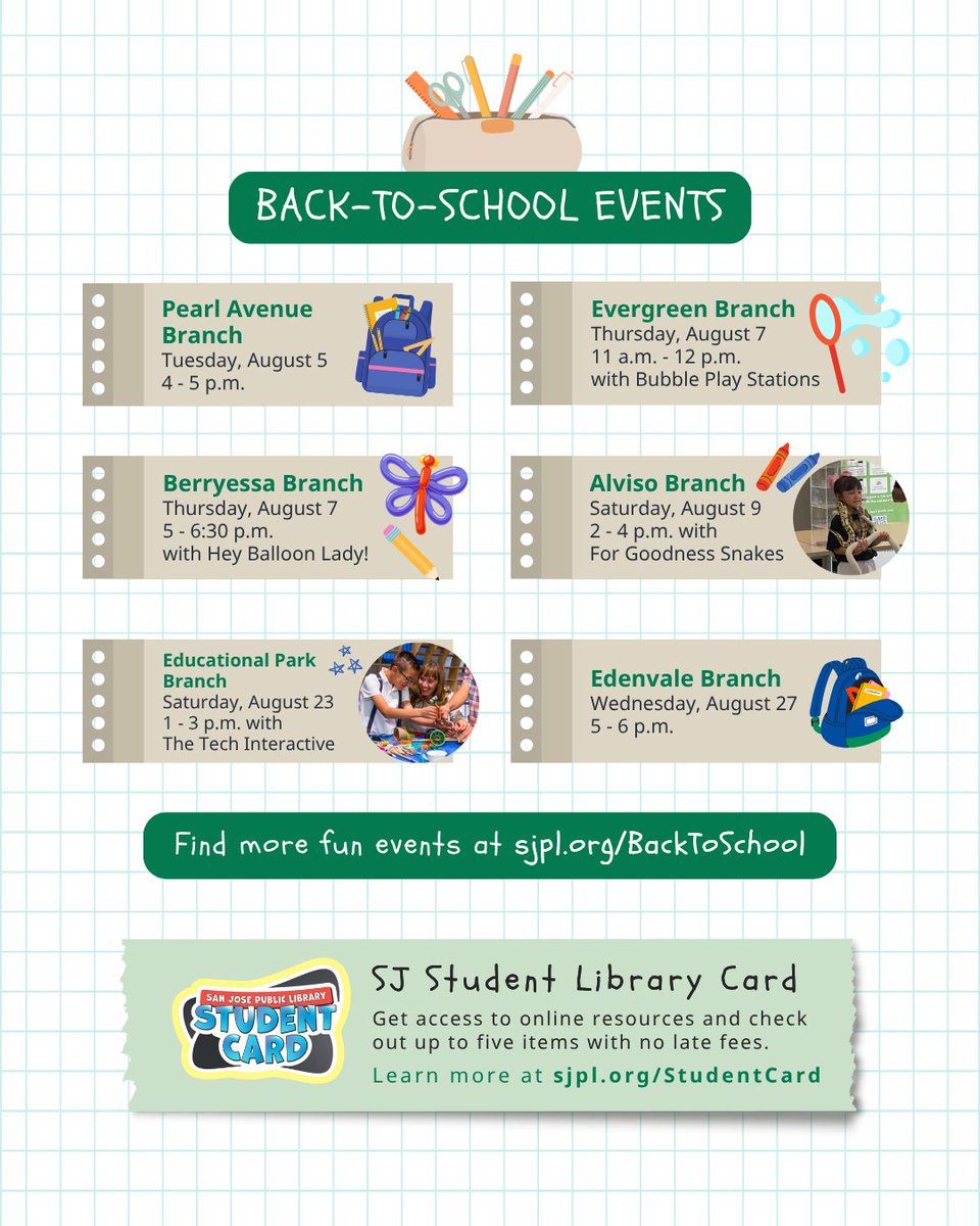 Get ready for the school year with #SJPL! 🏫🍎

Explore fun upcoming events and all the resources available to you to succeed this school year at sjpl.org/BackToSchool

#SJPL #RightToLibrary