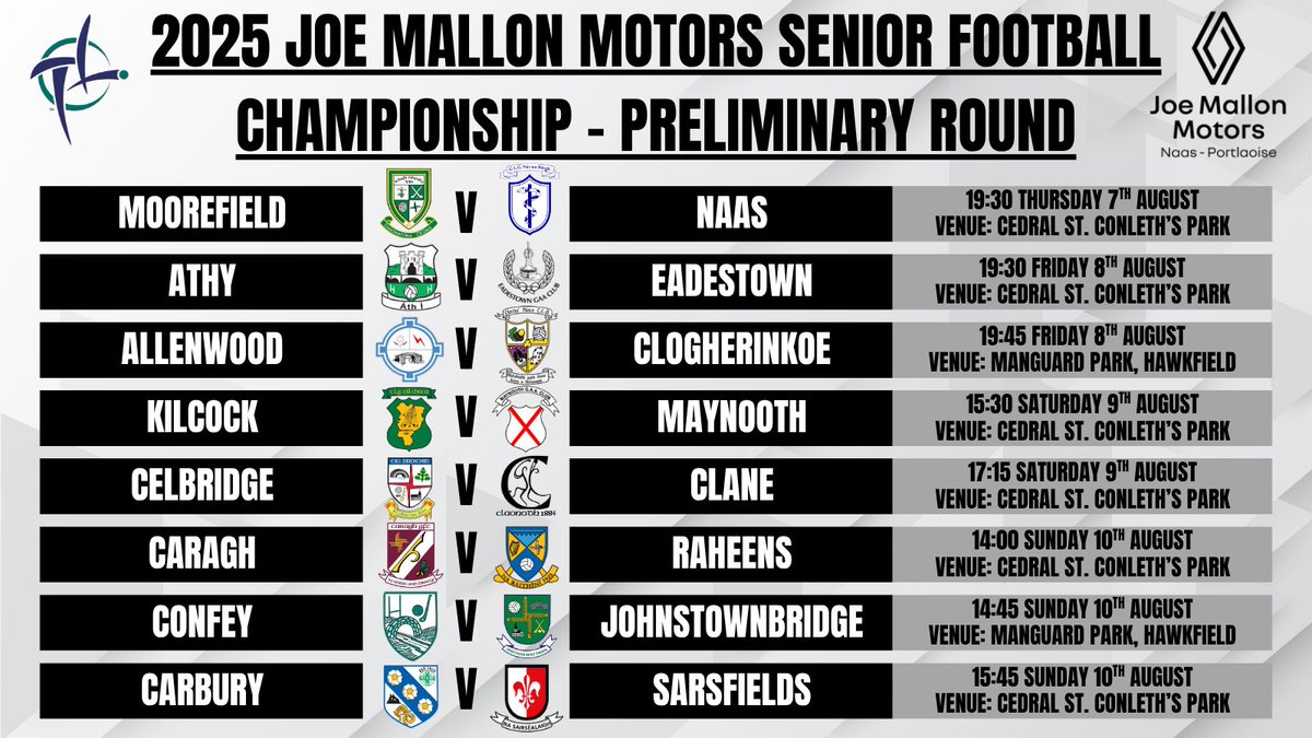 This week sees the start of the 2025 Joe Mallon Motors Senior Football Championship, with the preliminary rounds taking place from Thursday 7th to Sunday 10th August, in Cedral St. Conleth's Park and Manguard Park Hawkfield.

Wishing the very best of luck to all Clubs involved!
