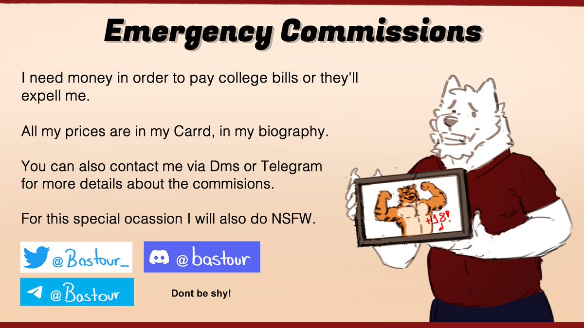 Morning everyone!

Right now, I'm low on funds for my college and in the risk of getting expelled. So for a couple of weeks I'll have to open emergency commissions.

Every Retweet and Like is appreciated! 
Thank you very much for reading.