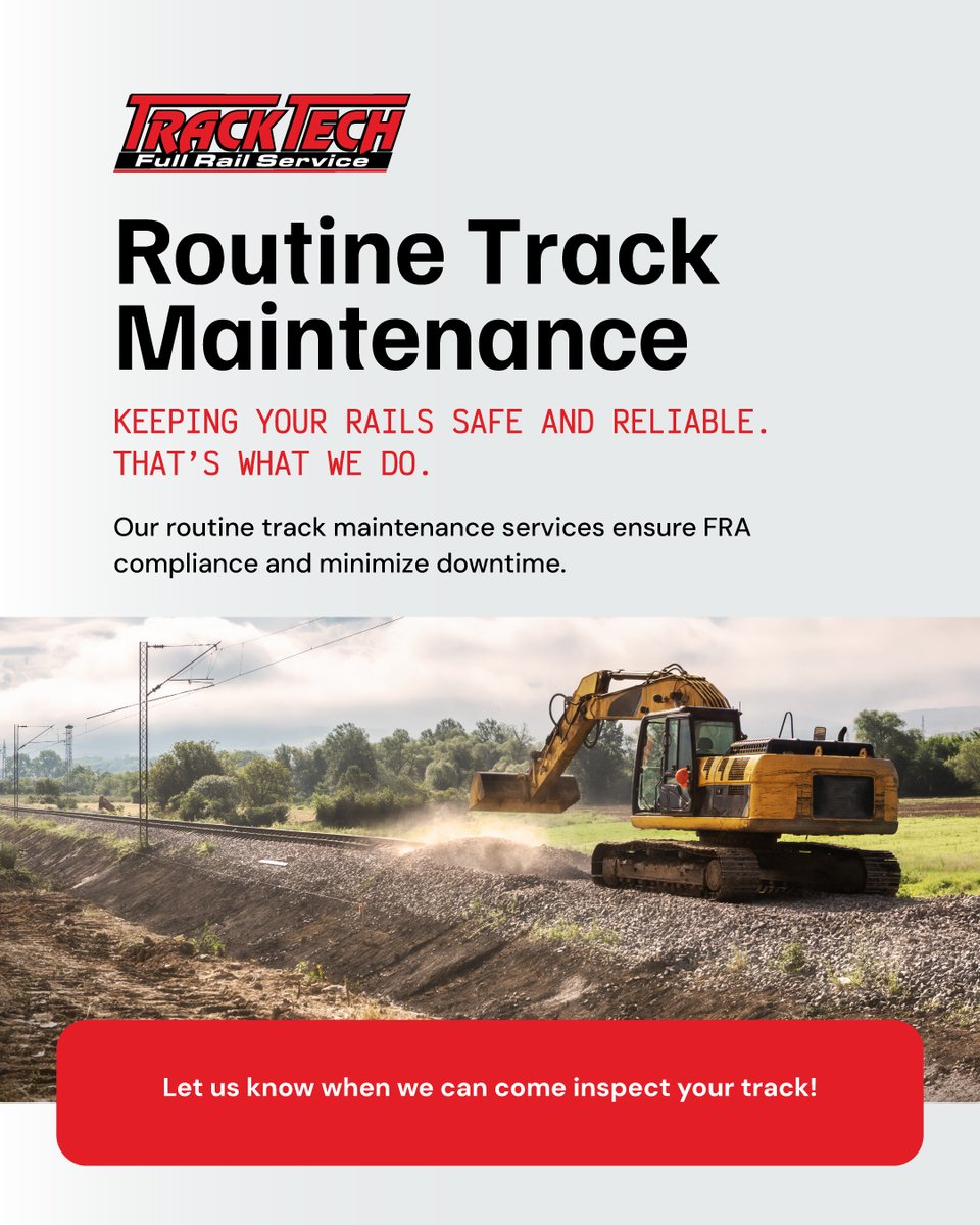 TrackTech_Inc's tweet image. Track Tech Inc. provides expert rail maintenance services that minimize downtime and extend the life of your infrastructure.

We&apos;ll keep your rail lines moving forward.

#TrackTechInc #RailMaintenance #RailServiceExperts #InfrastructureReliability #RailwaySolutions