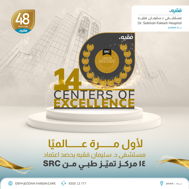 Fakeeh_Care's tweet photo. نفخر في مستشفى د. سليمان فقيه في جدة بتحقيق إنجاز استثنائي وغير مسبوق على مستوى العالم، بعد حصولنا على اعتماد 14 مركز تميّز طبي من مؤسسة المراجعة الجراحية Surgical Review Corporation (SRC)، وهو رقم قياسي عالمي لأكبر عدد من مراكز التميّز يتم اعتماده في مستشفى واحد.