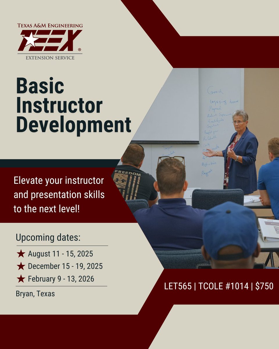 Are you interested in becoming an instructor? Enroll in our Basic Instructor Development course and learn the skills necessary to create a successful learning environment for your students! Secure your spot today at: teex.org/class/let565
#TEEXTraining #BasicInstructor